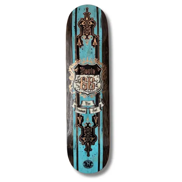 Tabla decorativa de madera estilo vintage con el diseño de la Ruta 66, en tonos turquesa y detalles dorados. Arte mural de la colección Road Legends.