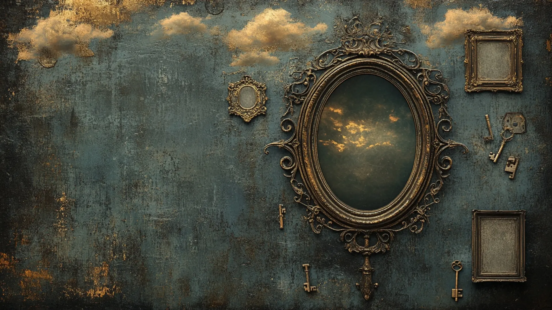 Imagen de estilo vintage con espejo central, cielo nuboso, marcos vacíos y llaves colgando. Representa el universo artístico y simbólico de la colección El Otro Lado de Marian Custom Art.