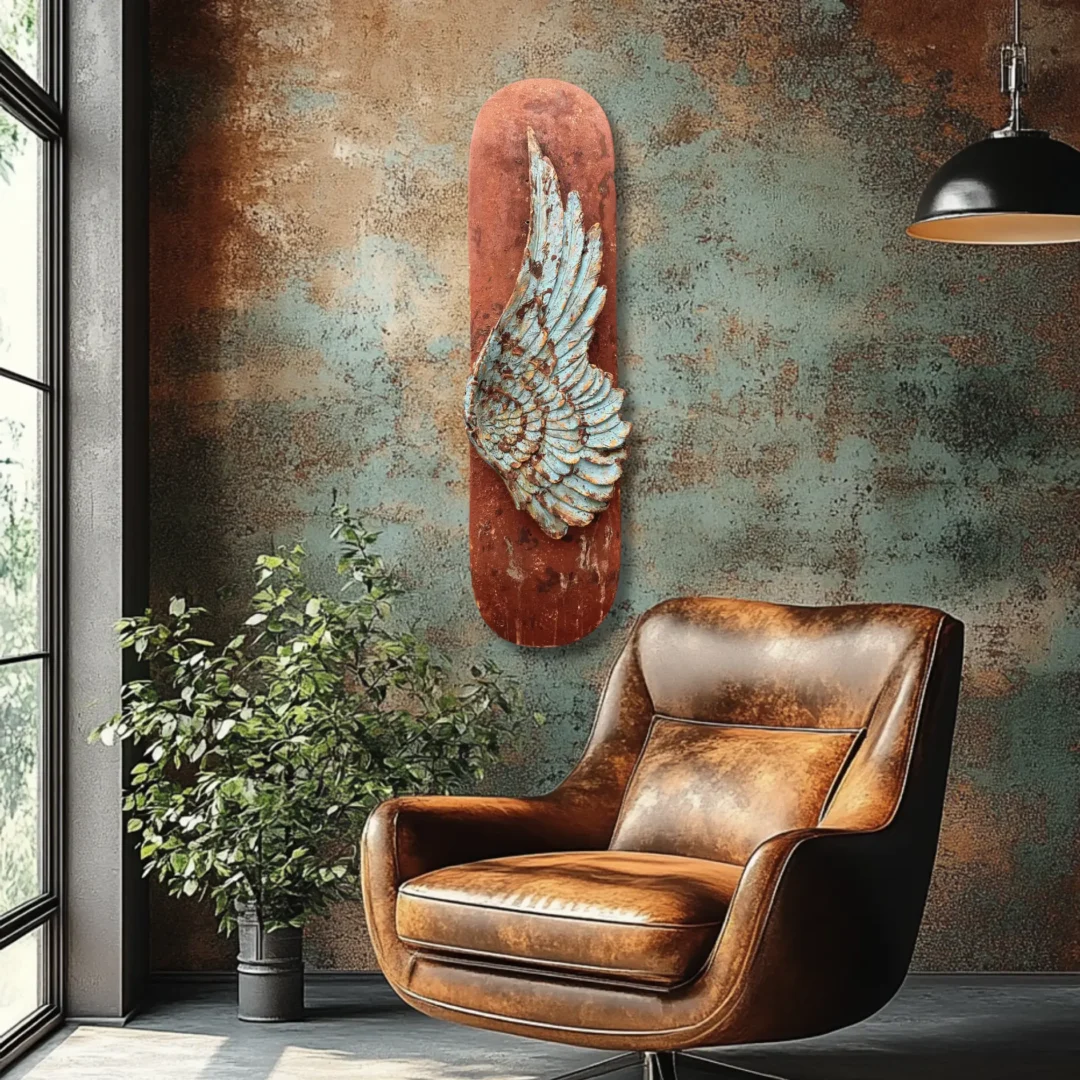 Pieza Renatum colgada sobre pared verde y óxido junto a sillón de cuero marrón