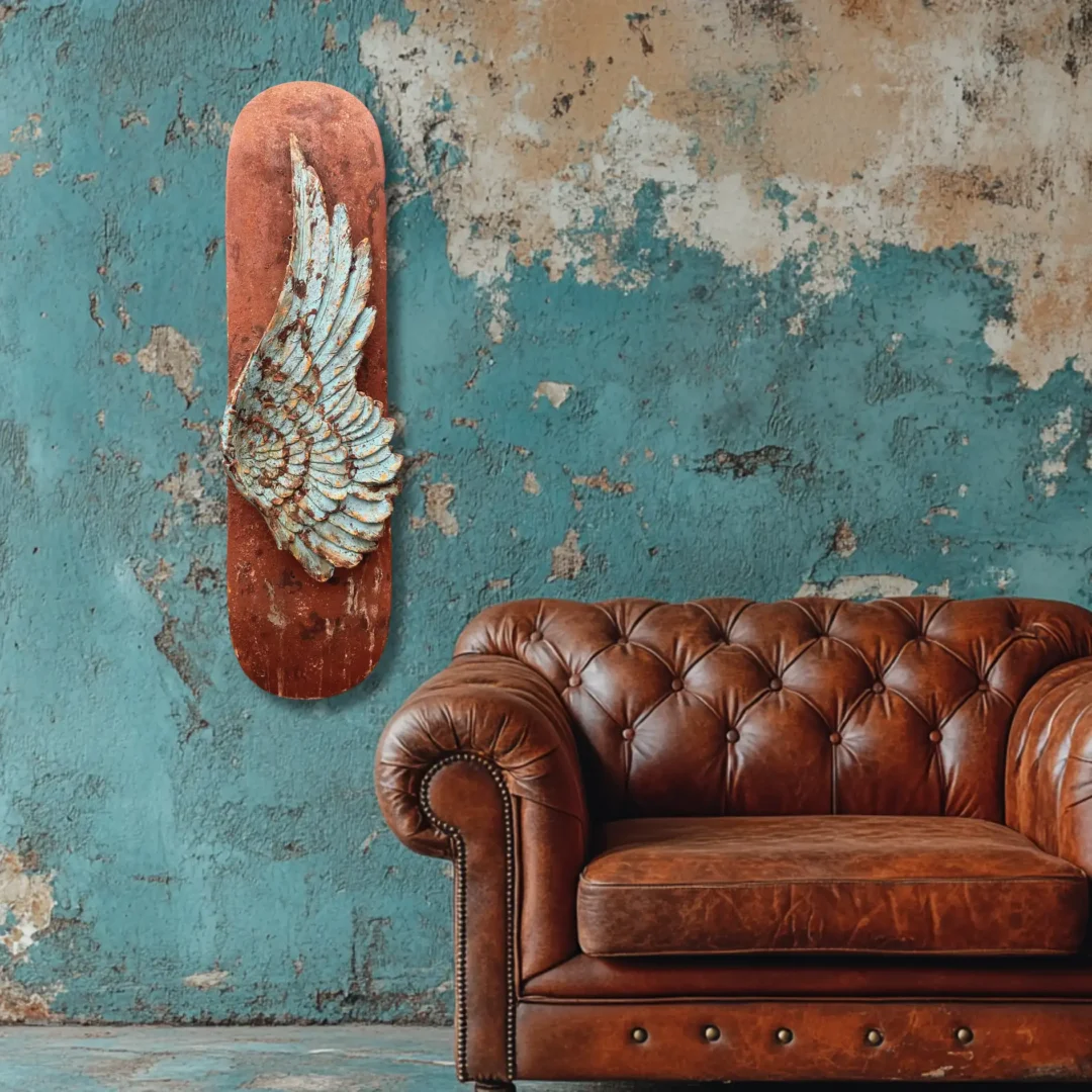 Obra colgada en una pared turquesa desgastada junto a sofá estilo chesterfield marrón