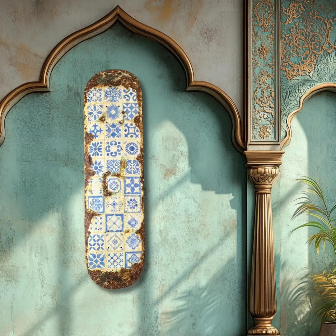 Obra Azul Ancestral en pared con moldura morisca y detalles dorados