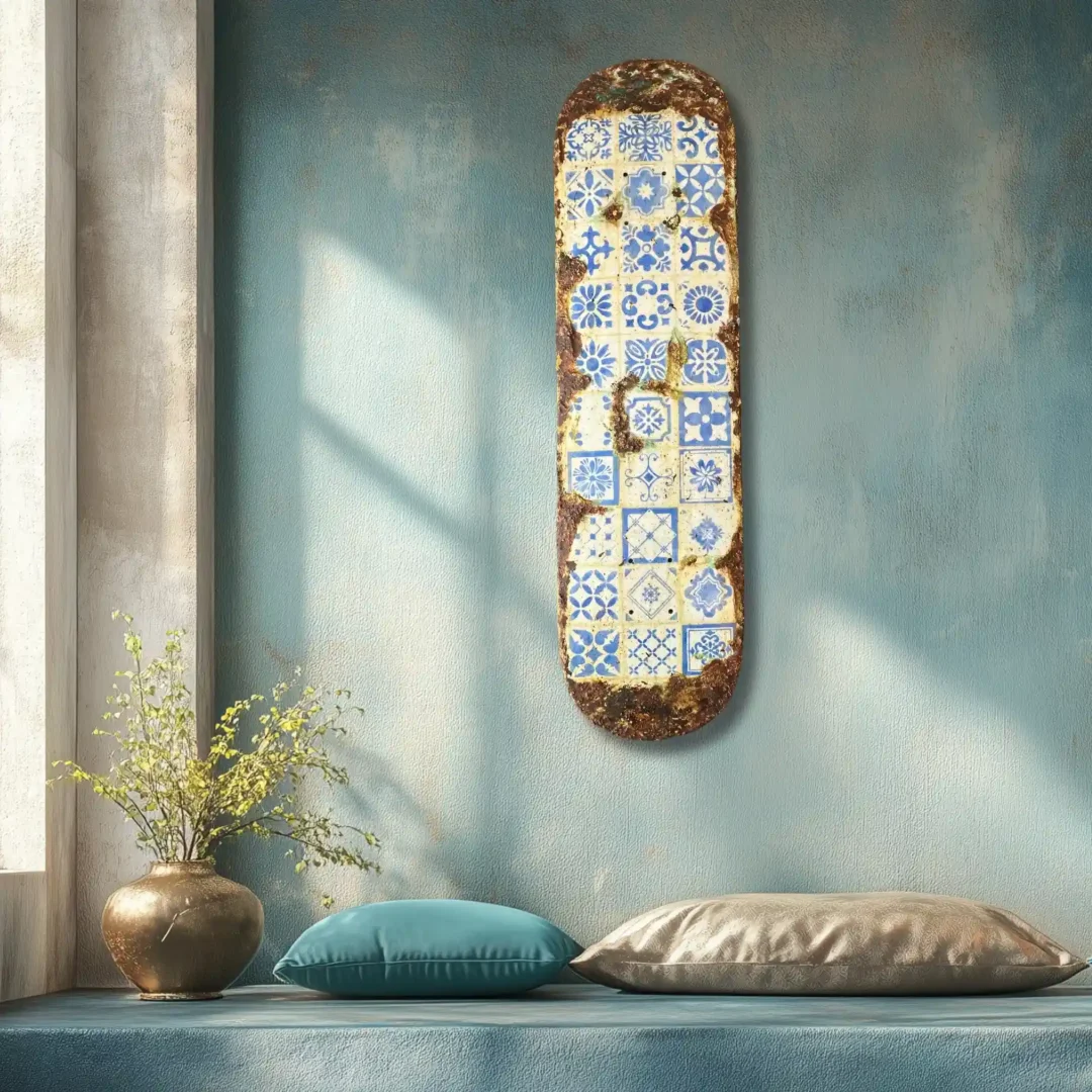 Obra Azul Ancestral sobre pared azul texturizada con cojines decorativos