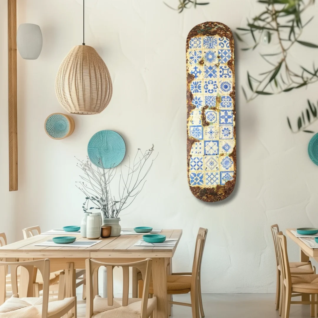 Obra Azul Ancestral colgada en pared de restaurante con decoración artesanal mediterránea