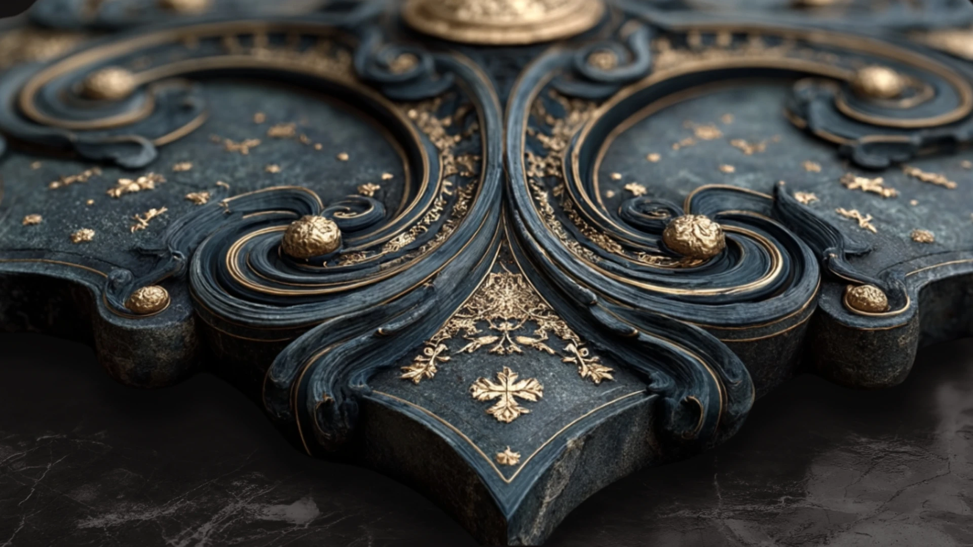 Detalle ornamental en relieve de estilo barroco con acabados en azul profundo y pan de oro, ideal para ilustrar la colección Imperium de Marian Custom Art.