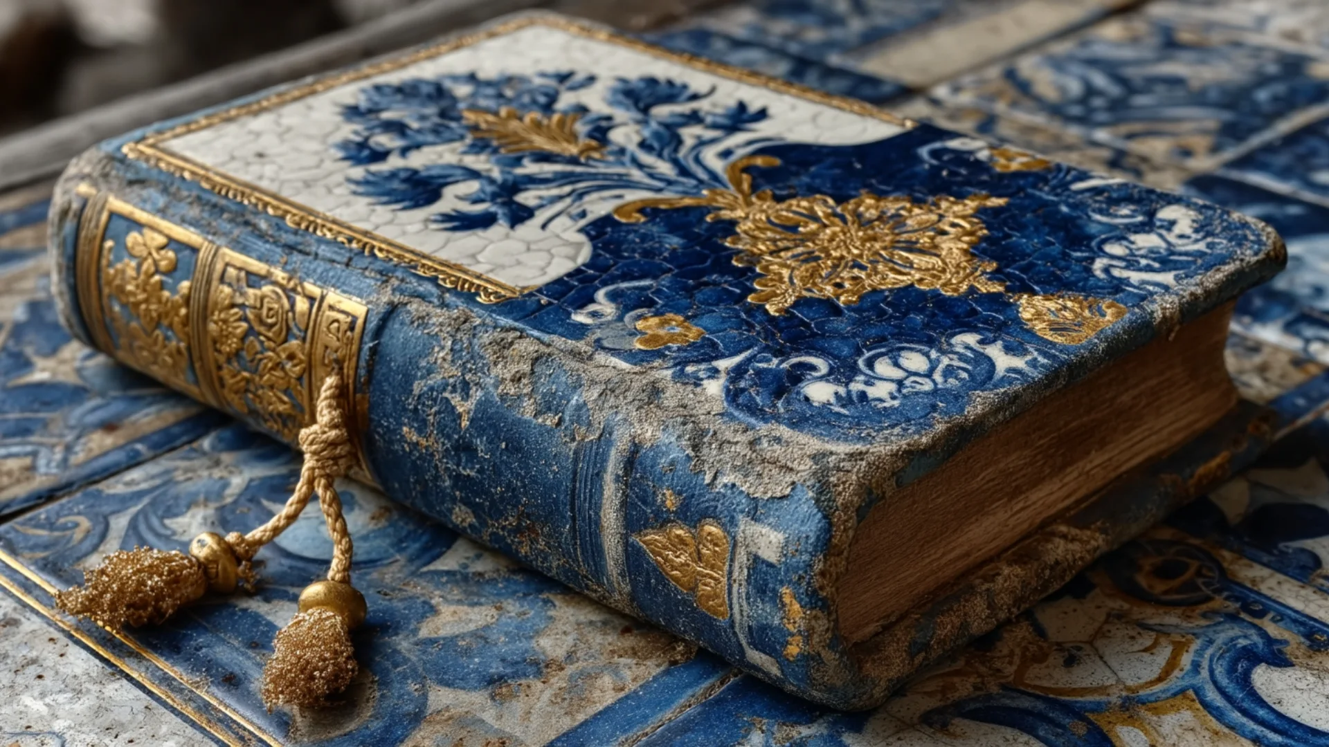 Libro antiguo decorado con patrones de azulejos azules y dorados, sobre fondo envejecido.