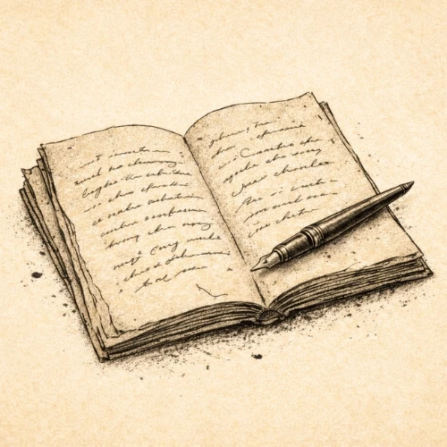 Icono artístico de libro abierto y pluma estilográfica que representa el storytelling de una obra artesanal