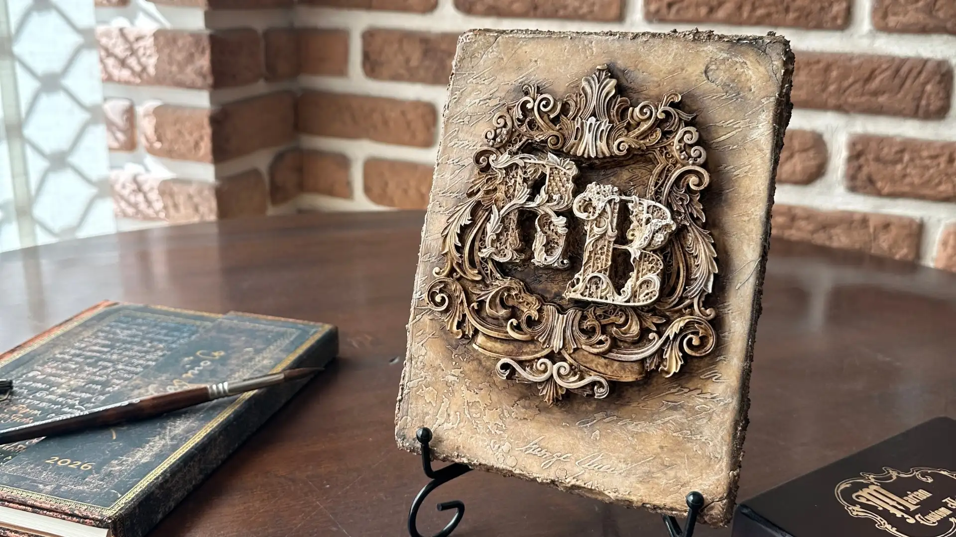 escudo personalizado con iniciales RB en relieve artesanal estilo heráldico sobre soporte decorativo