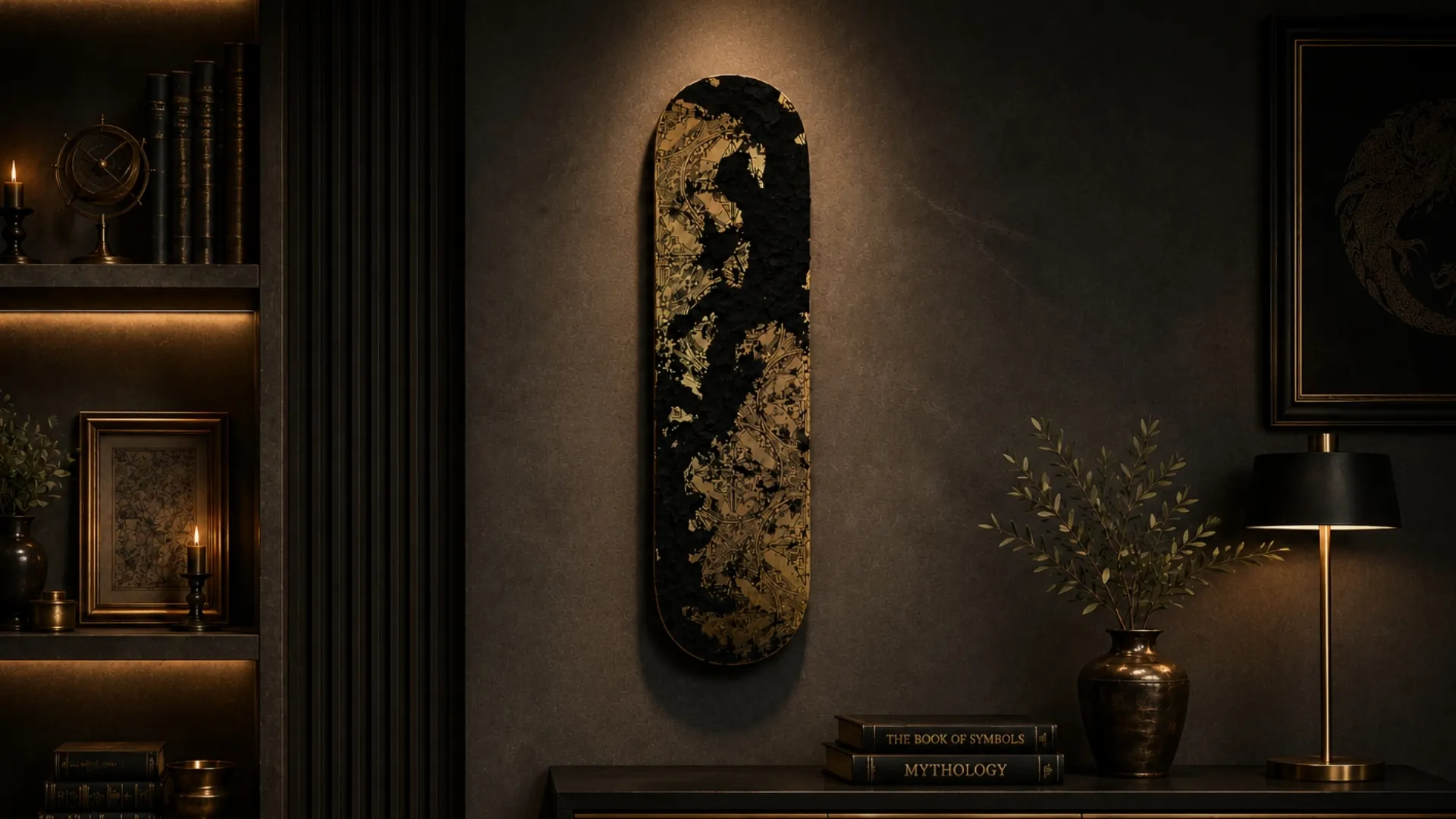 Pieza ArtSoul Wood expuesta en un interior elegante con iluminación cálida y decoración sofisticada, representando el arte mural artesanal de Marian Custom Art.