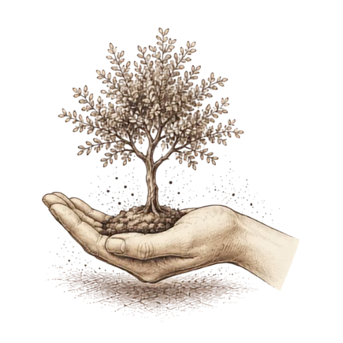 Mano sosteniendo un árbol como símbolo de crecimiento y sostenibilidad