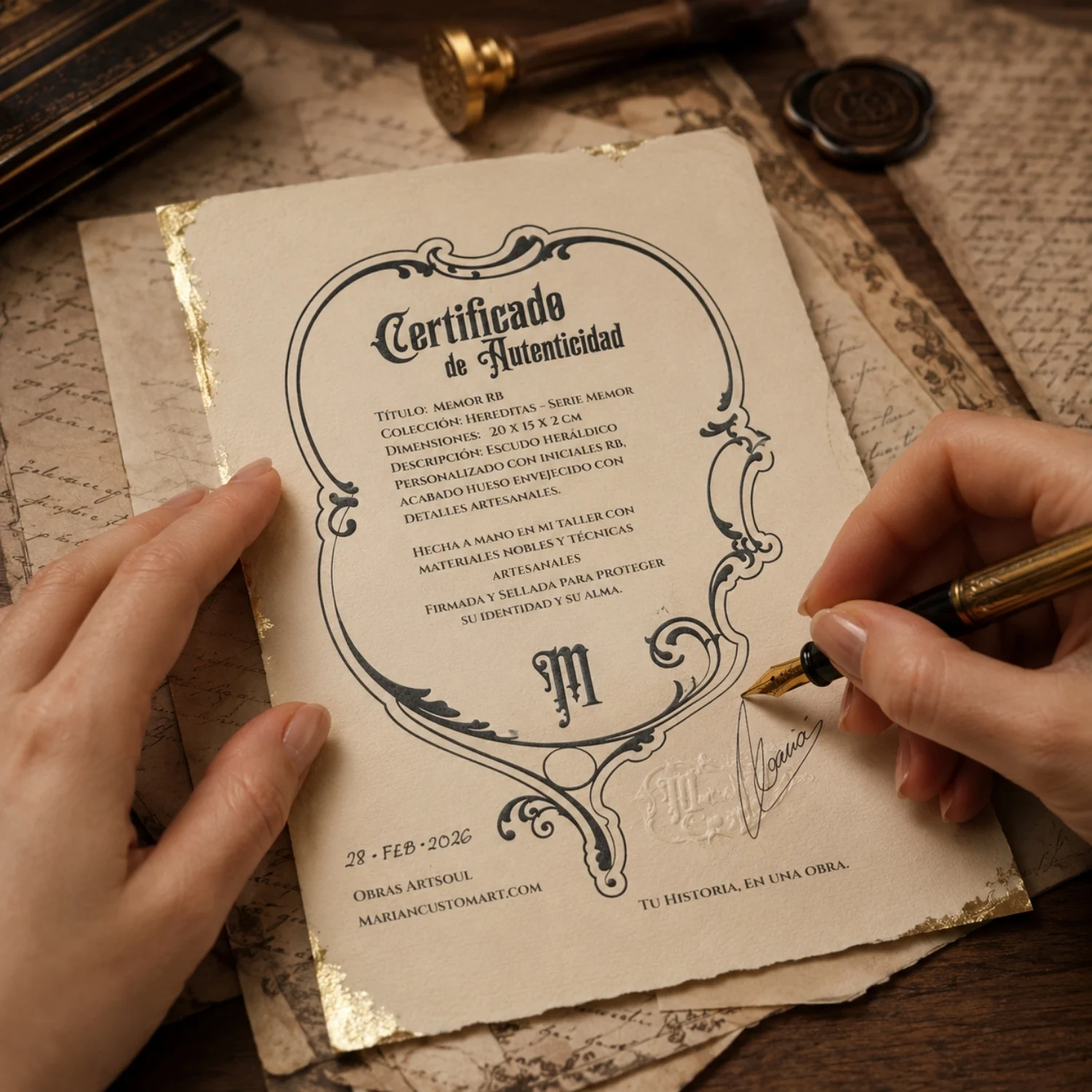 Firma manual de un certificado de autenticidad de una obra ArtSoul de Marian Custom Art sobre papel premium.