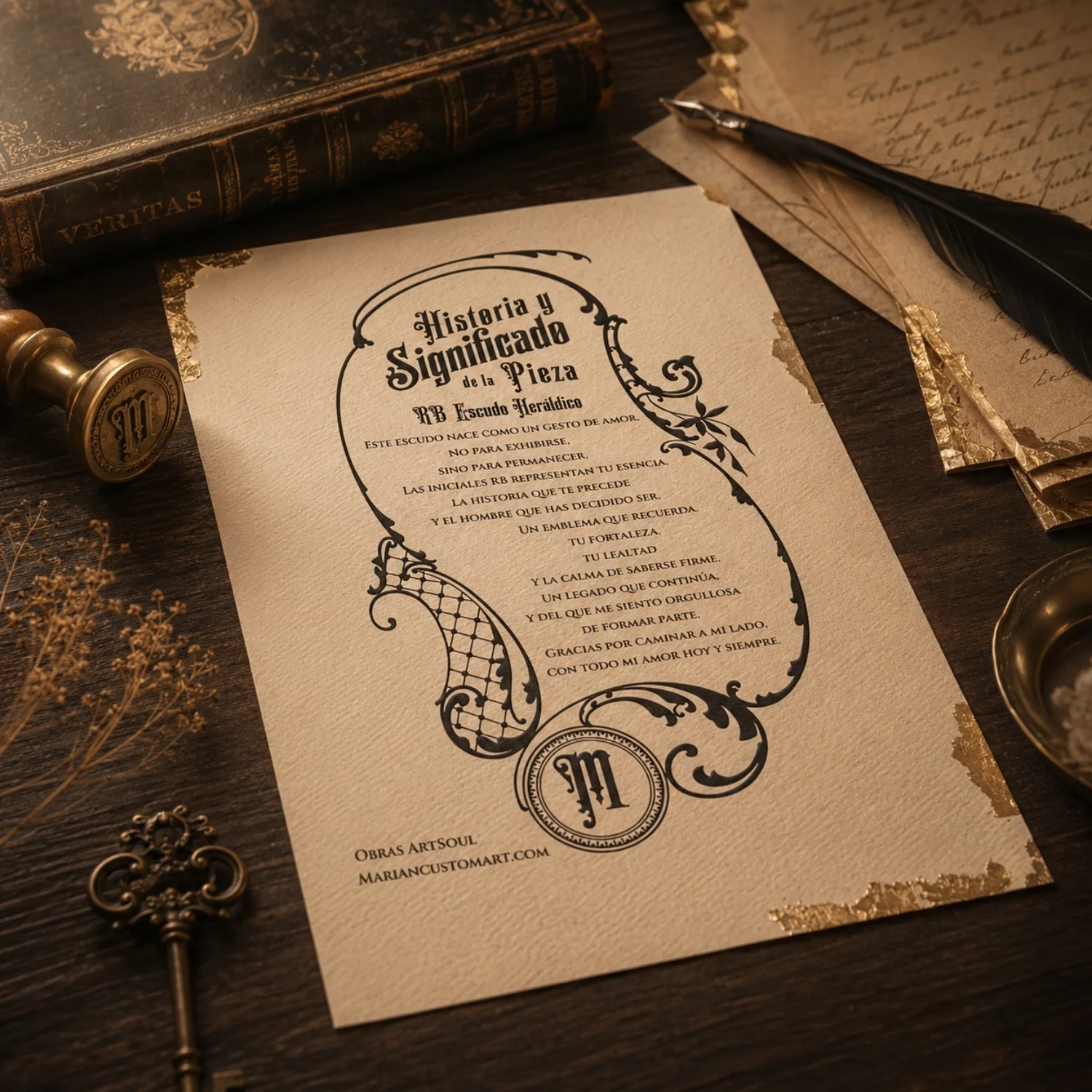 Tarjeta Historia y Significado de la pieza Memor de la colección Hereditas de Marian Custom Art, presentada sobre escritorio de madera junto a elementos vintage.