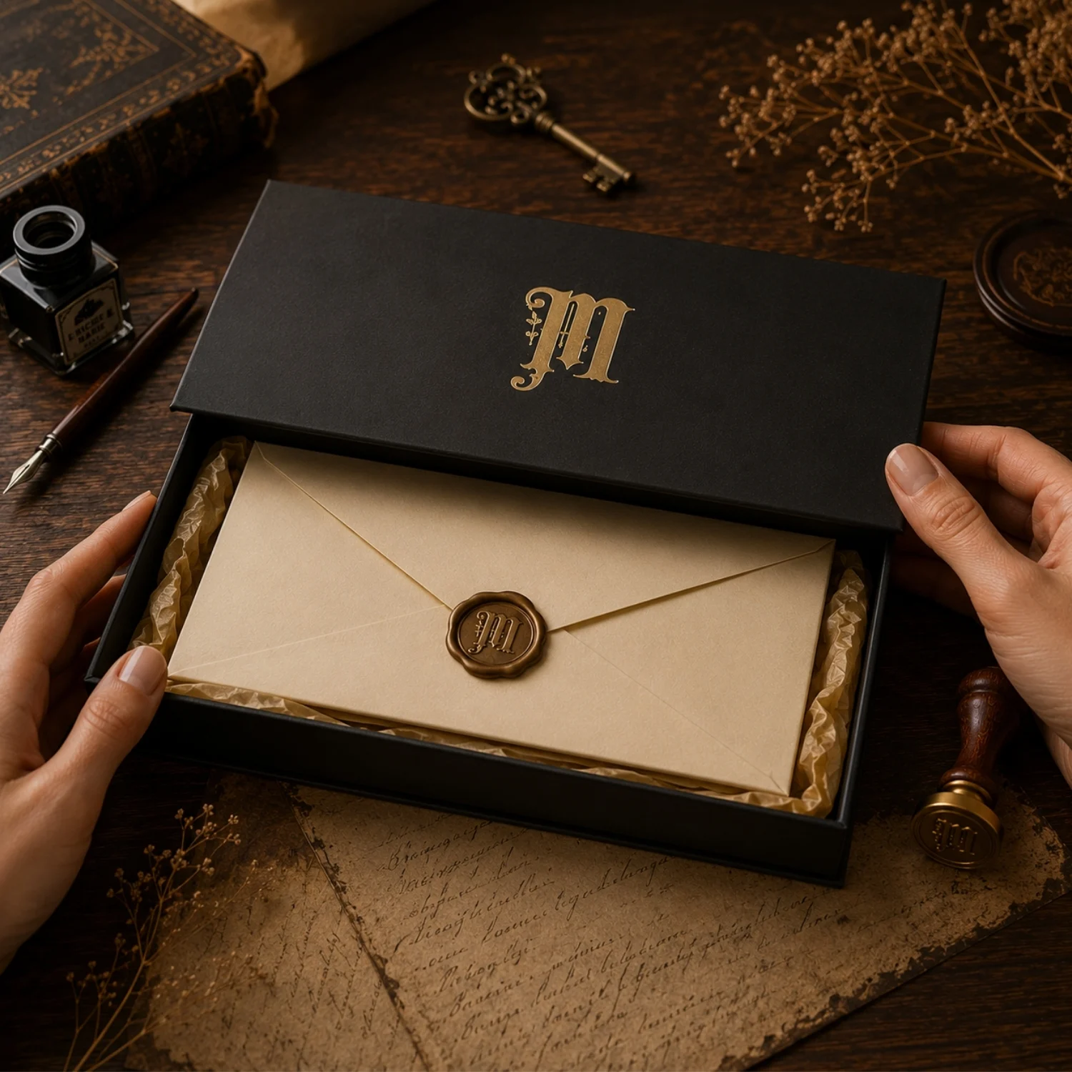 Packaging artesanal premium de Marian Custom Art con caja de presentación imantada, sobre sellado y experiencia de unboxing inspirada en el arte con alma.