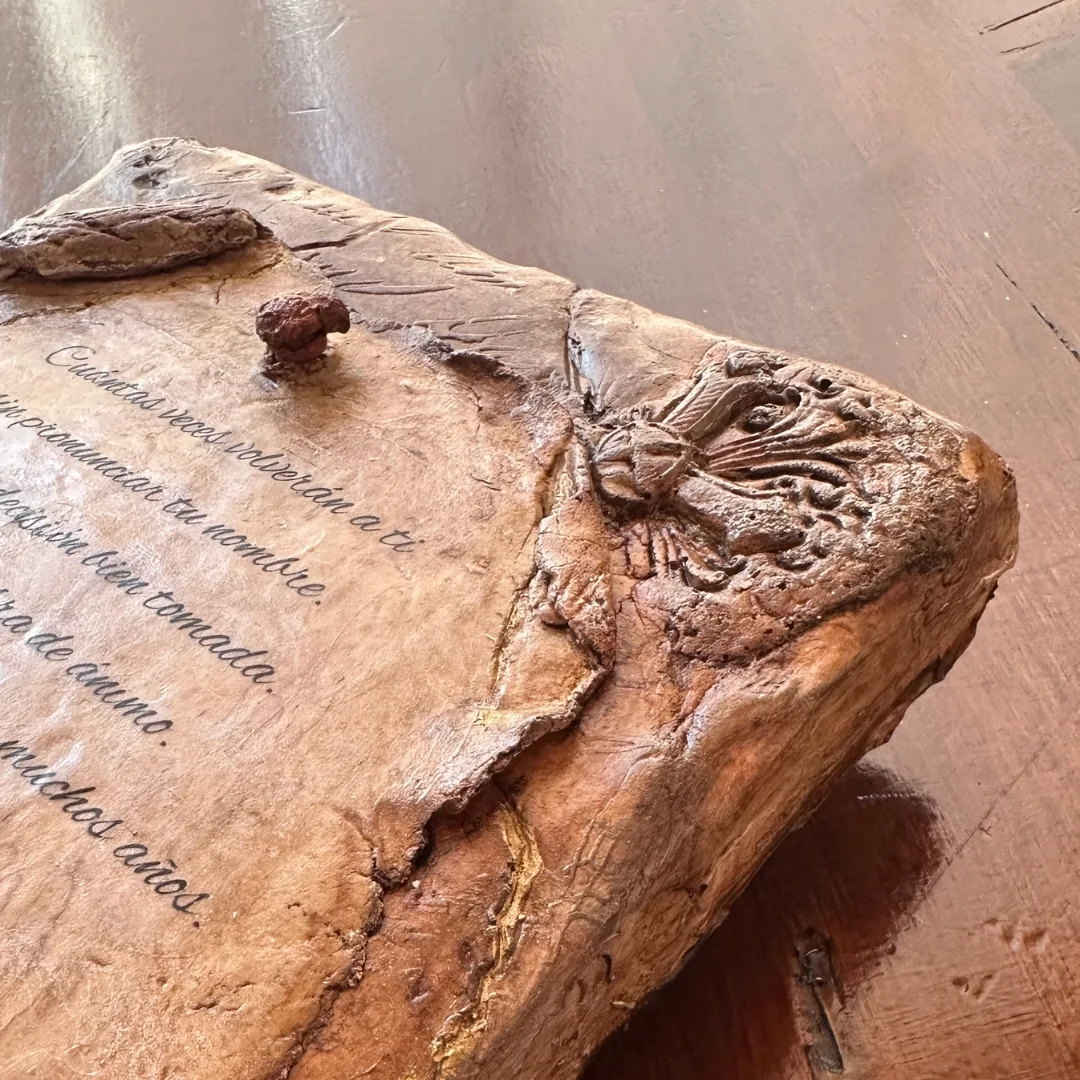 Detalle de los relieves y texturas artesanales de Anima Scripta