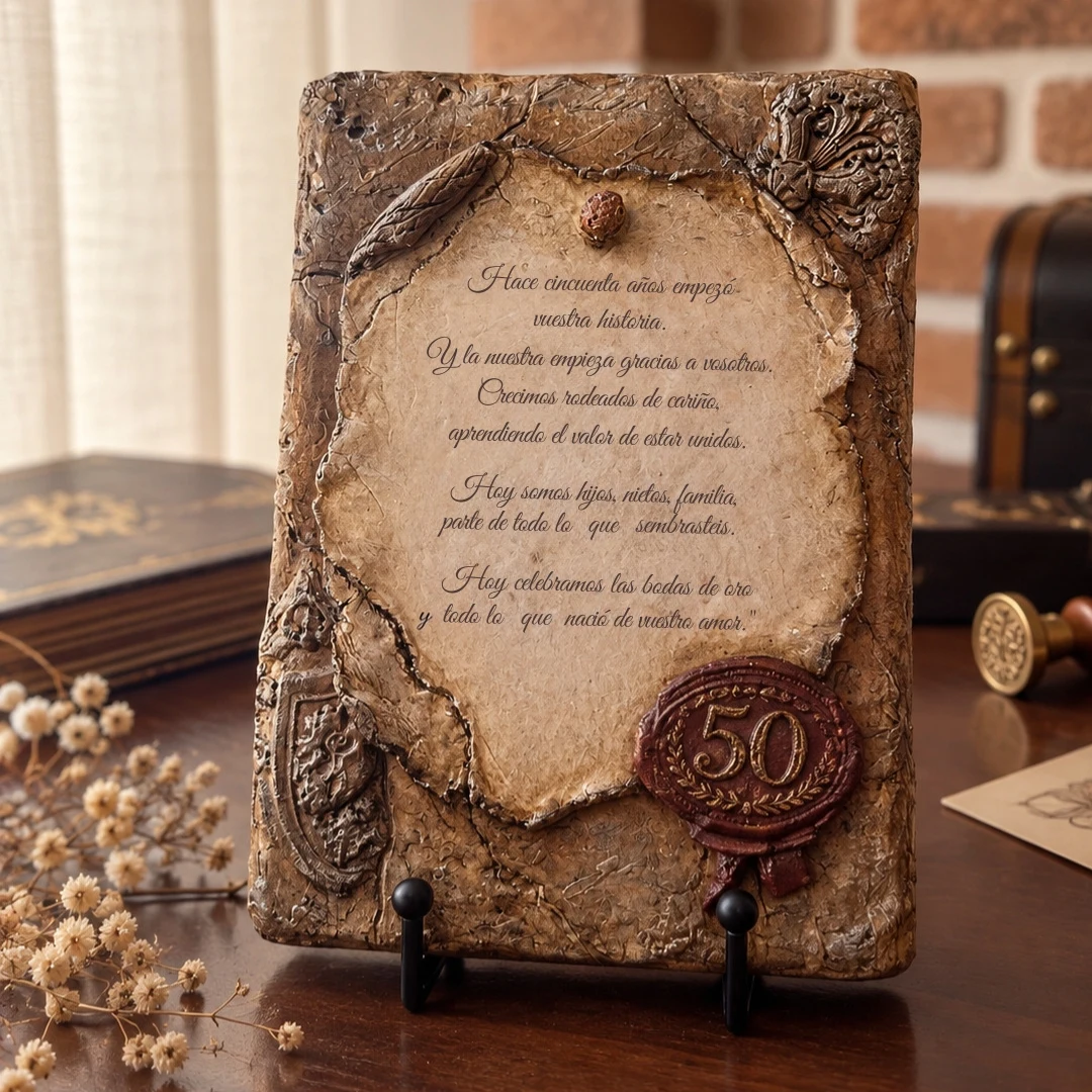 Ánima Scripta personalizada para unas bodas de oro, con dedicatoria familiar y sello burdeos con el número 50.