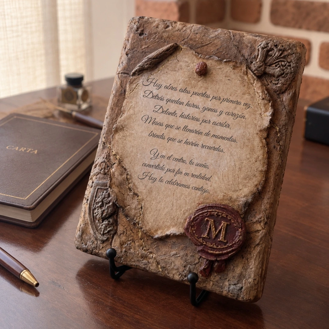 Ánima Scripta personalizada para la apertura de un nuevo negocio, con dedicatoria y sello burdeos con la inicial M.