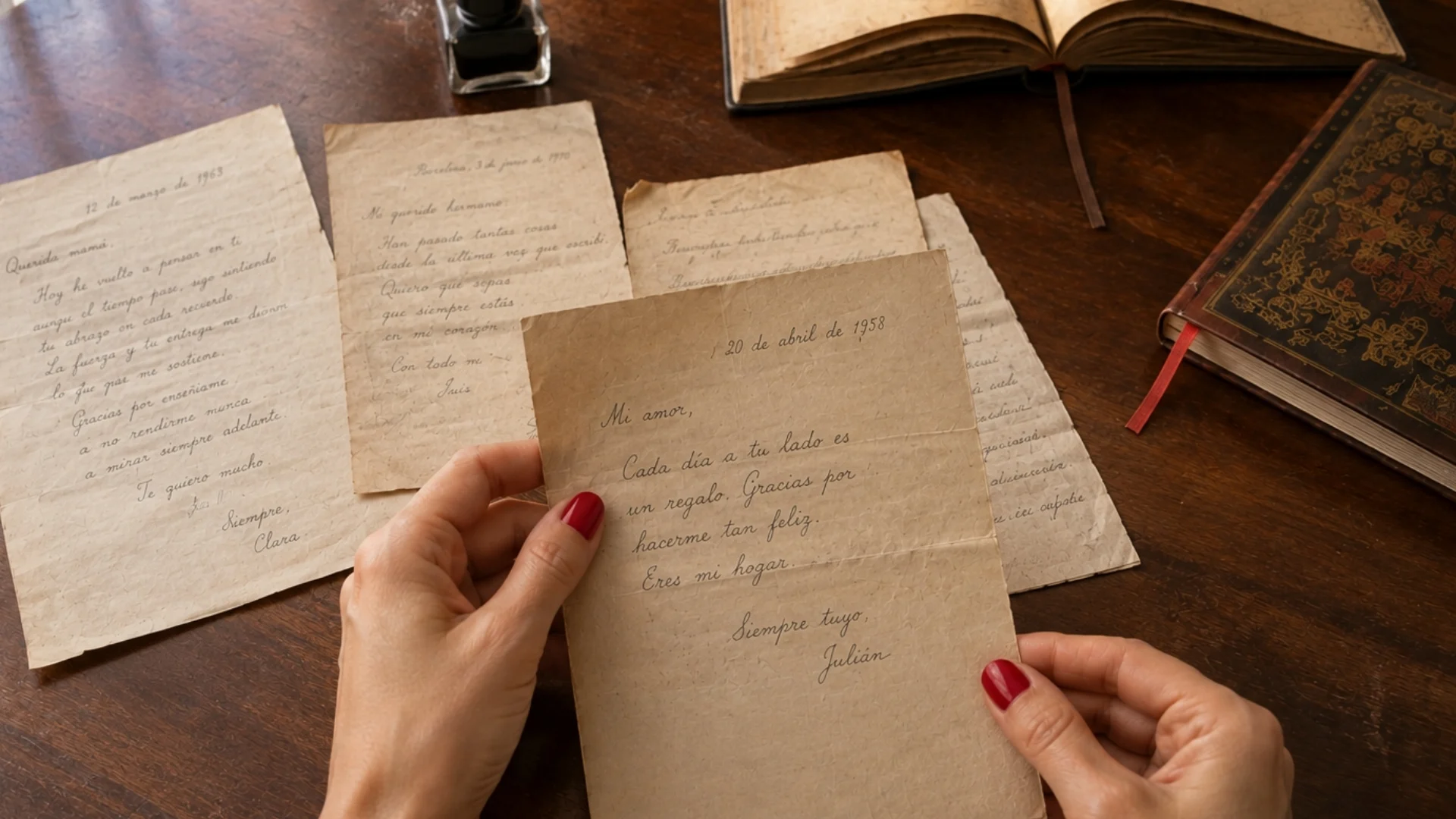 Manos sosteniendo una carta manuscrita entre varias cartas antiguas sobre una mesa de madera.